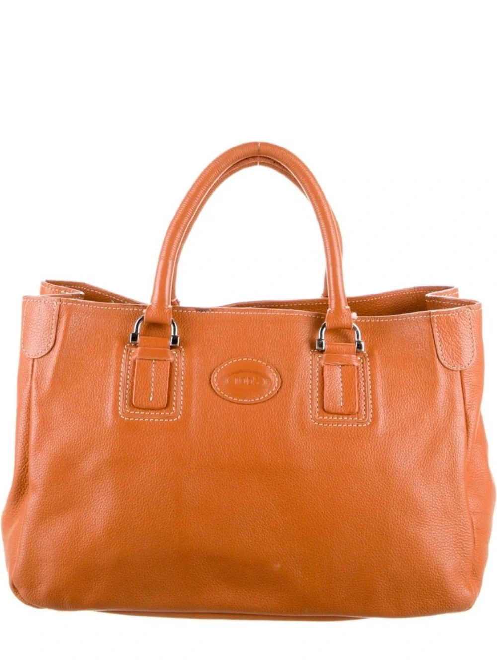 Tod’s Orange Pebbled Leather Top Handle Tote Bag Silver Hardware - Picture 1 of 4